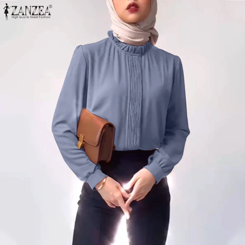 

2022 Fashion Solid Muslim Blouse Women Casual Pleated Office Work Shirt ZANZEA Elegant Islamic Clothing Slim Dubai Turkey Tops