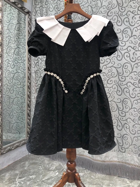

2022 new women fashion short-sleeved color-blocked ruffled large lapel bow decoration waist nail drill dress 420