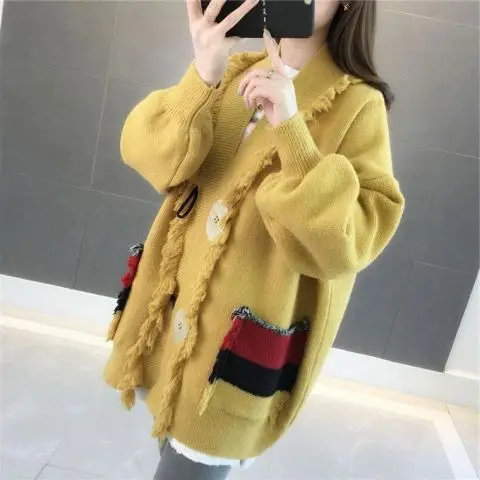 

Autumn Spring Cardigan Women 2023 New Style V Neck Loose Cardigan Women's Knitted Solid Color Sweater Coat Cardigan T199
