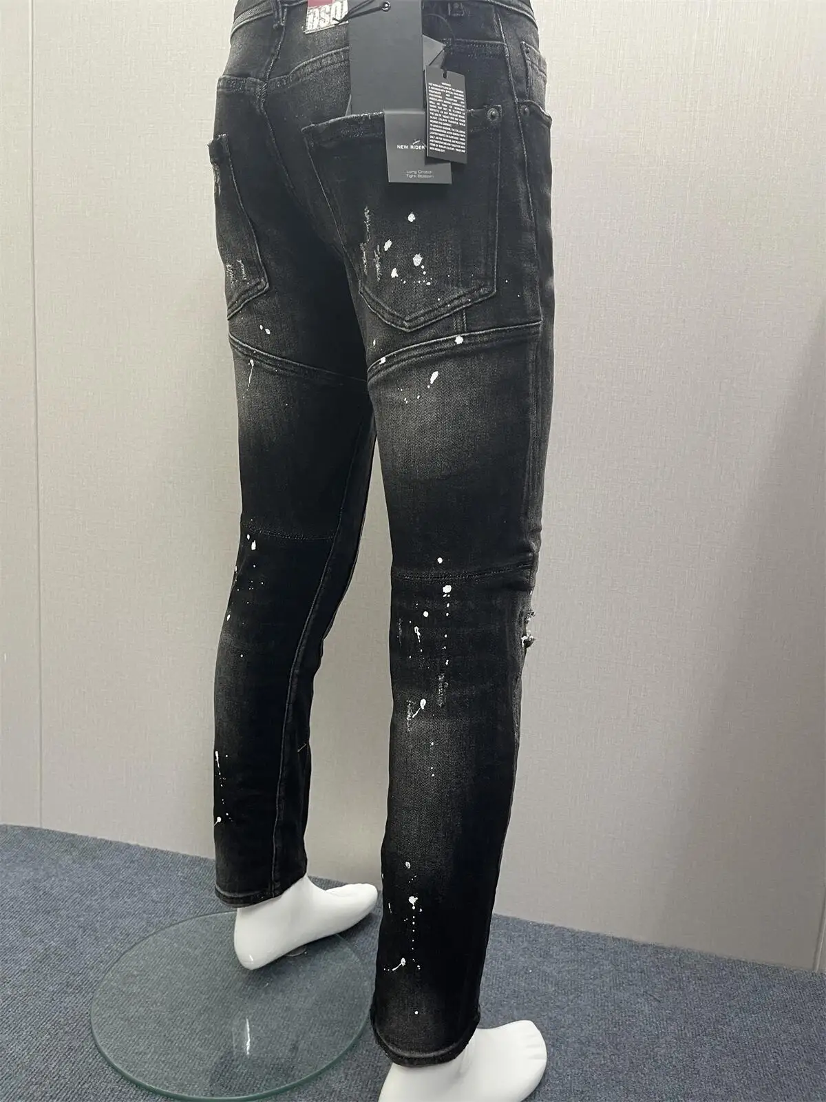 2023 New Stereoscopic Cut Denim Pants Black Slim Fit Splice Small Foot Micro Elastic Hole Patch Small Foot Jeans for Men