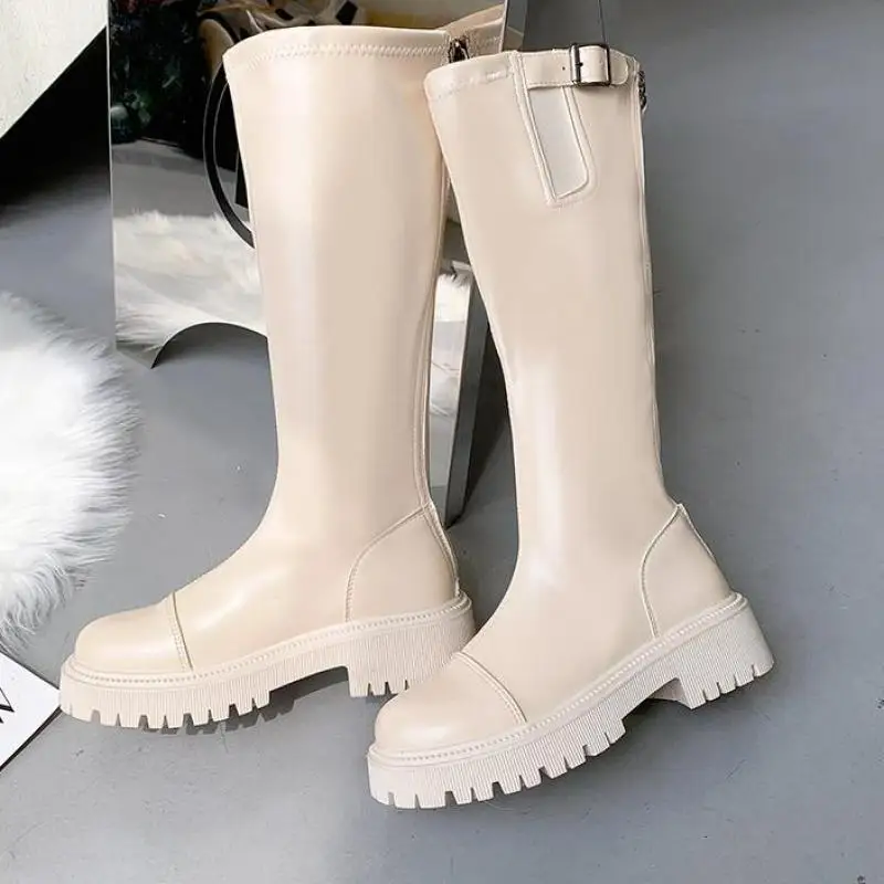 

Женские кожаные сапоги на молнии, на толстой платформе, до колена, Элегантная модная обувь, осень 2023