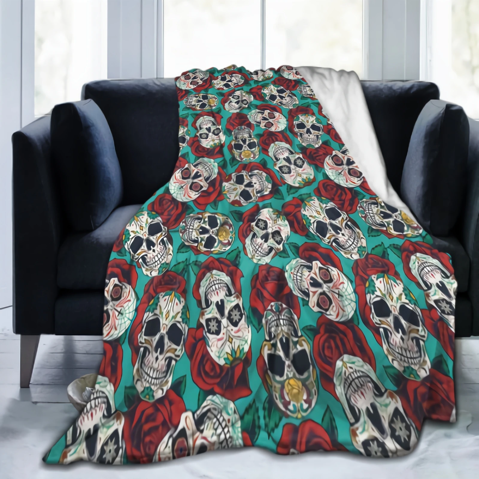 

Blanket Soft Cozy Vintage Sugar Bone Skull Red Rose Throw Blankets Flannel Blankets for Couch Bed Living Room 80"x60"
