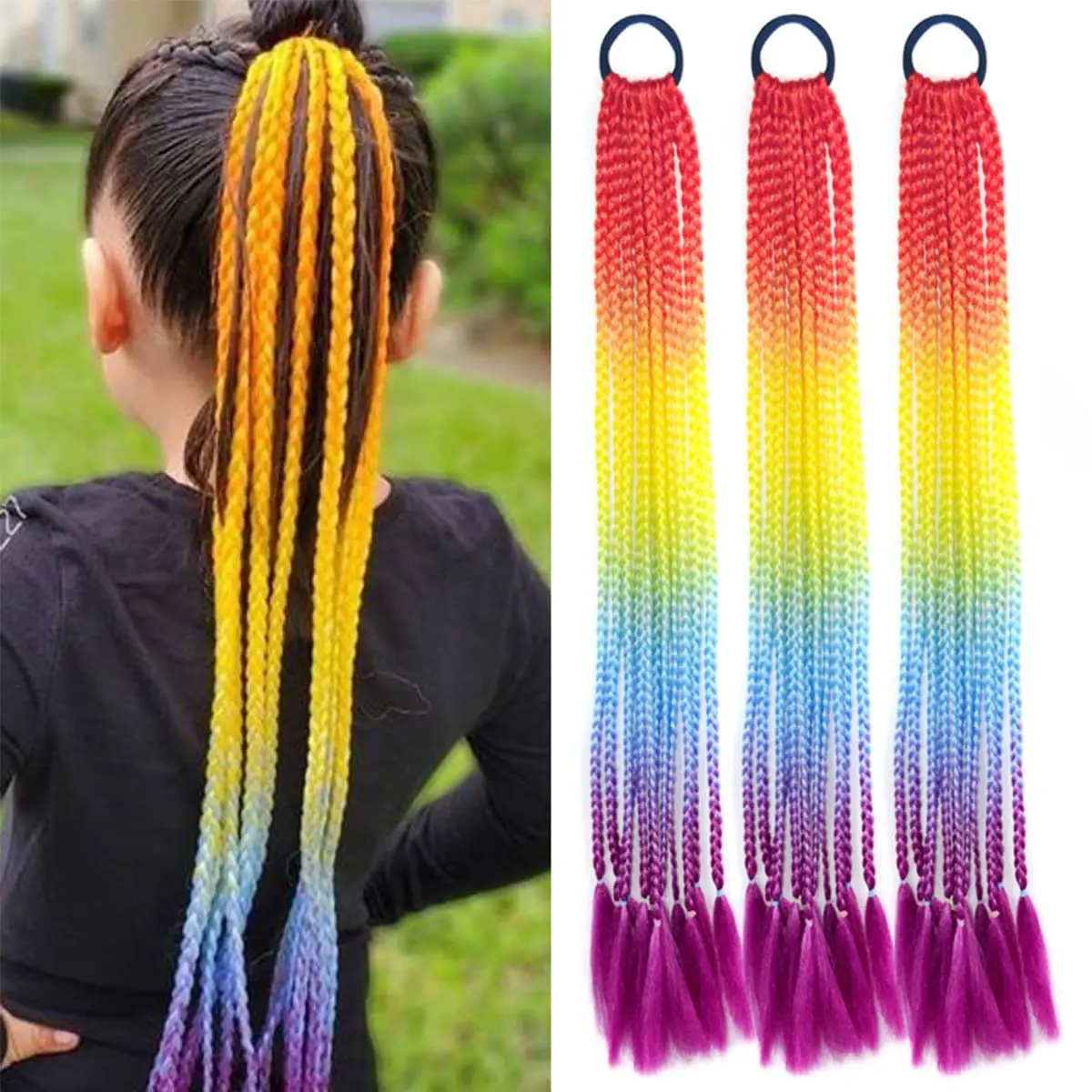 

24inch Girls Colored Box Braided Ponytail With Elastic Rubber Band Hair Extensions Rainbow Color Kids Box Wig Pigtail Hairpiece