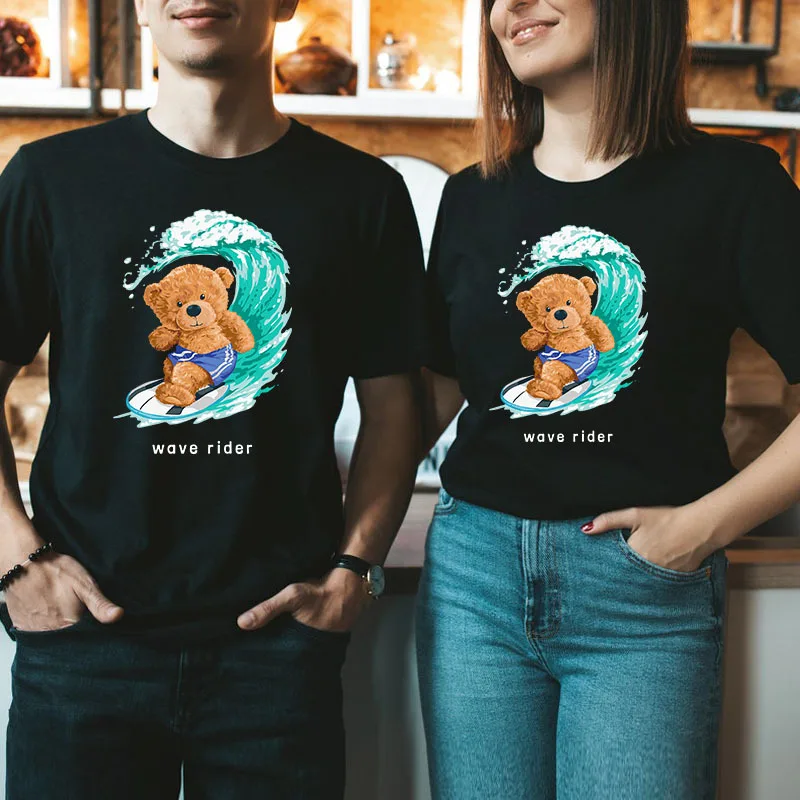 

YRYT Summer New Short-sleeved Round Neck White Short-sleeved T-shirt Men's Summer Boom Surf Bear Print Couple Top