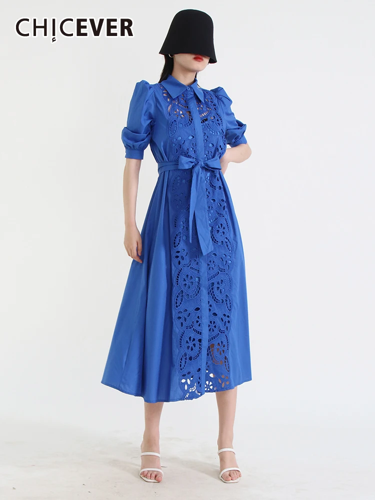 

CHICEVER элегантное платье с вышивкой для женщин, с отворотом, с коротким рукавом, с высокой талией, Бандажное, с вырезом, ТРАПЕЦИЕВИДНОЕ ПЛАТЬЕ МИДИ, женское летнее платье