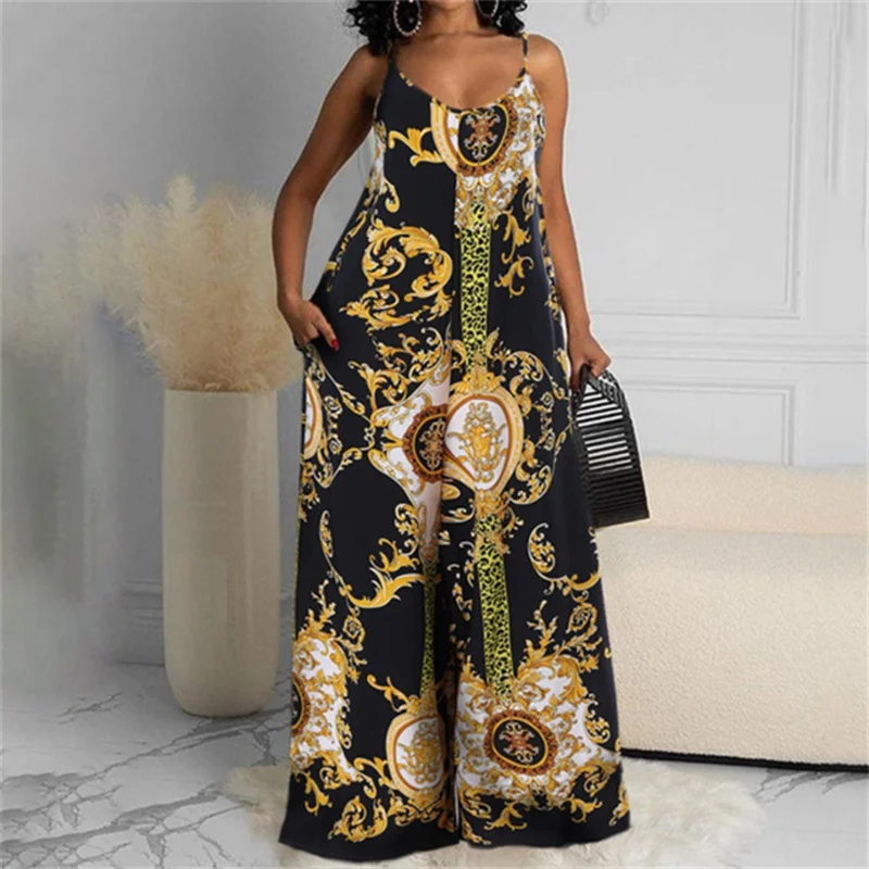 Suspender Sleeveless Print Backless Loose Jumpsuit 2022 Summer Women Casual Sexy Outdoor Party Clothing Sunshine Beach Bohomian