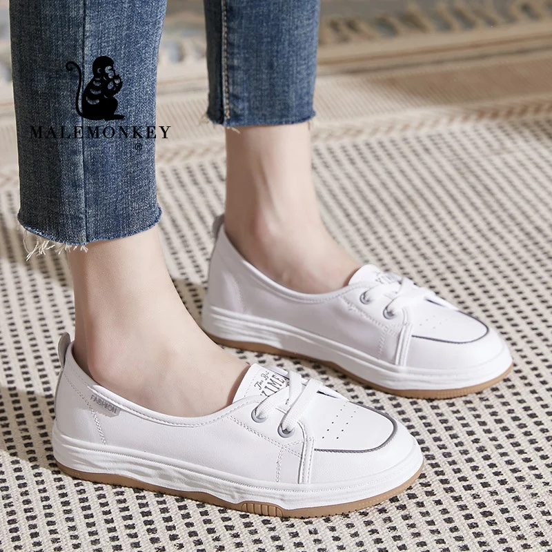 Cow Leather Flats Women White Casual Sport Shoes 2023 New Soft Comfortable Non Slip Rubber Female Shoes Zapatos De Mujer