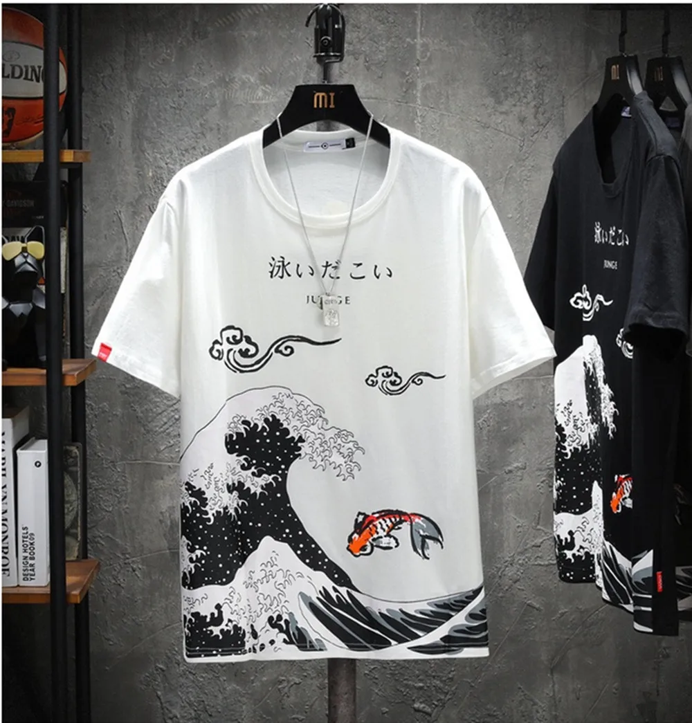 

New Summer Chinese Traditional Koi Ink Painting T-shirt Leisure Fashion Animation Street Print Hip Hop Round Neck Men's Women's