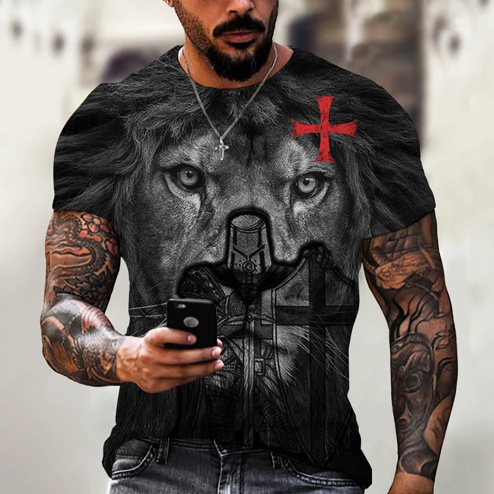 

New Summer Lion Fighting Animal Beast Fierce Lion Print 3D T Shirt Men's Oversized Short Sleeve Black and White Design Polyester