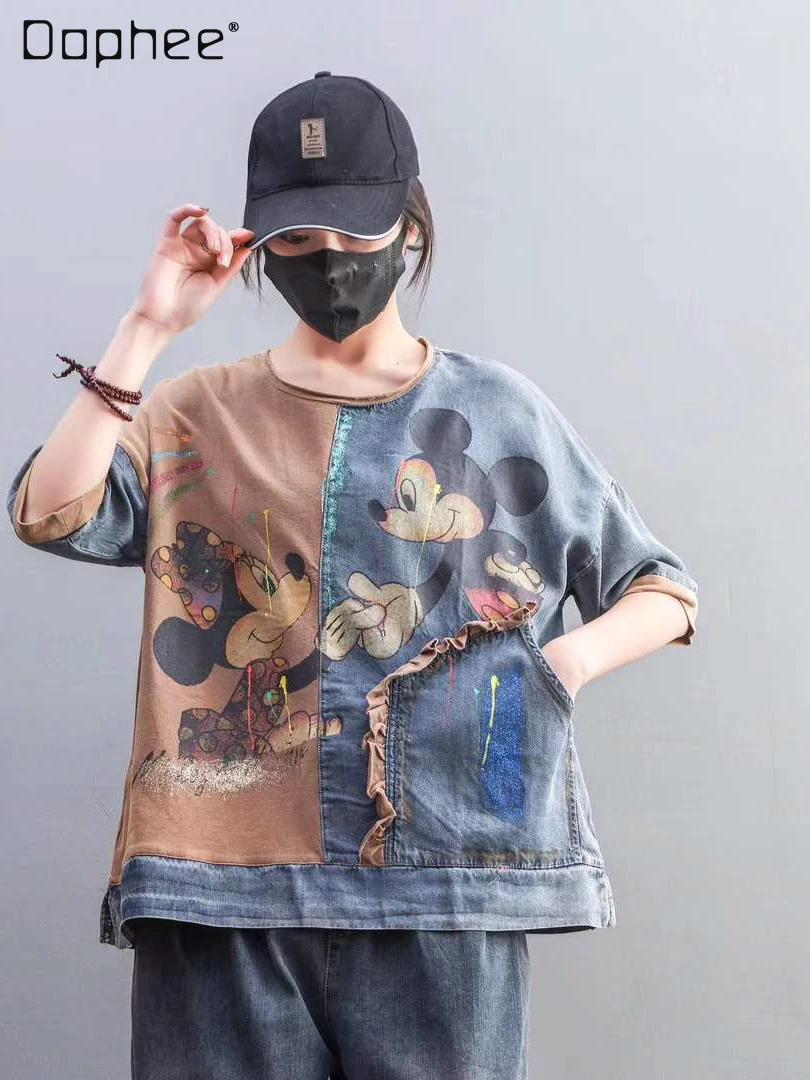 

Summer Cartoon Mickey Printing Gilded Denim Stitching Short-Sleeved T-shirt Women's Loose Slimming Casual Retro Distressed Top