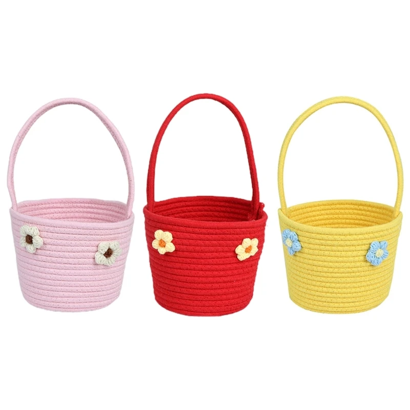 

Cotton Handwoven Storage Basket with Handle Bride Flower Basket Egg Tote Baskets Dropship
