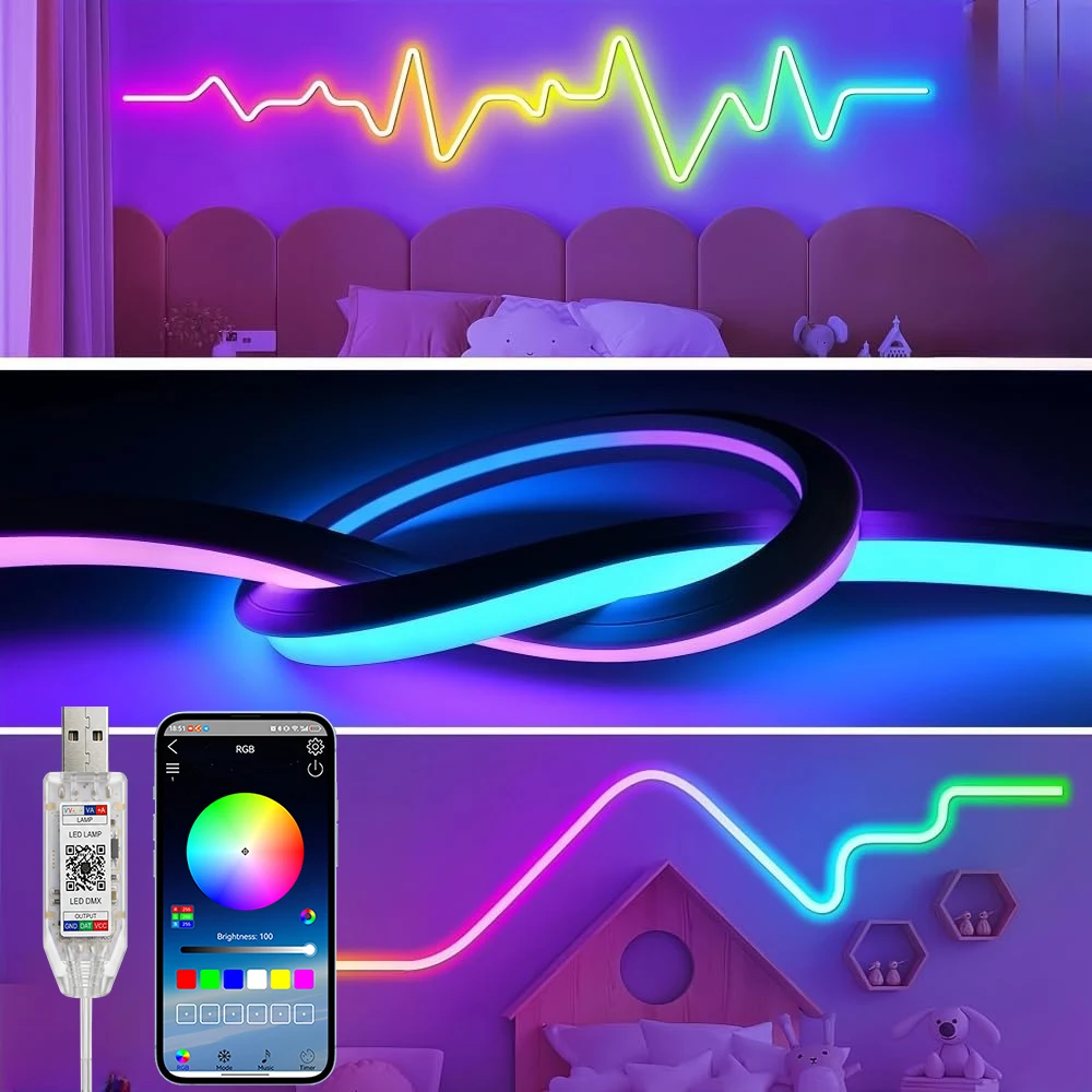 Фото Умная светодиодная лента RGBIC Neon Strip Light 10м/5м/3м/2м/1м, 5В, Bluetooth/пульт ДУ, USB, водонепроницаемая, гибкая, с синхронизацией музыки №1
