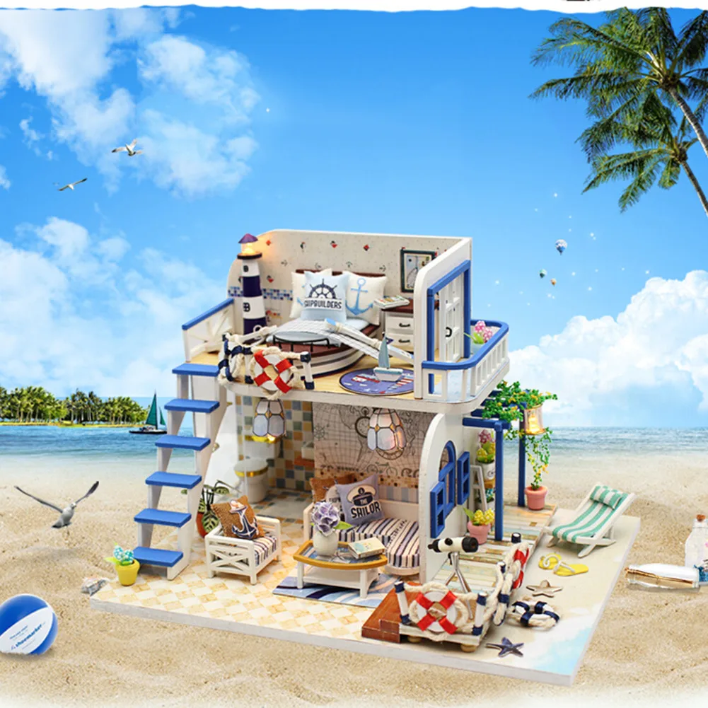 

Light Blue Coast Doll House DIY Miniature Dollhouse Toy Furnitures CasaDolls Houses Toys For Childred Birthday Christmas Gifts