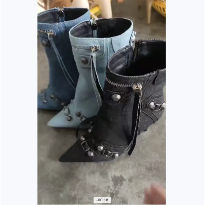 2023 Spring and Autumn Pointed Thin Heel Side Zipper Rivet Buckle Leather Boots Denim and Ankle Fabric Women's High Heel Boots