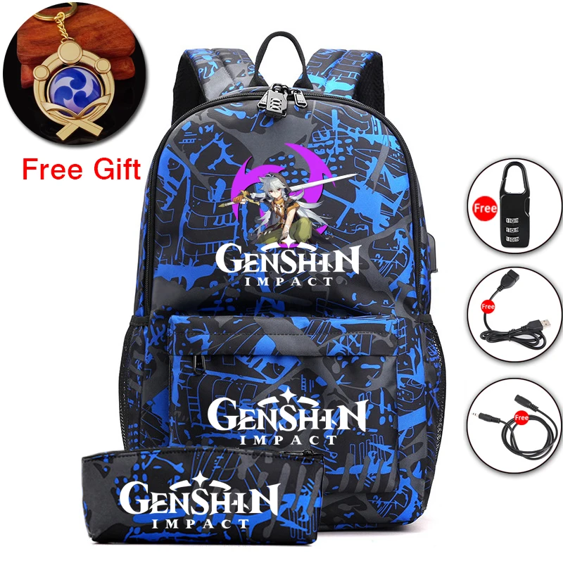 

Холщовый Рюкзак с защитой от кражи Genshin, 2 шт., школьный студенческий рюкзак для мальчиков и девочек, Светящийся рюкзак с брелком, сумки для му...