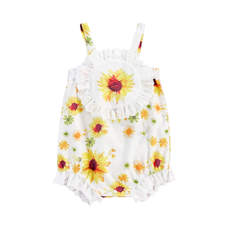 

0-18M Newborn Baby Girls Casual Summer Romper Bodysuit White Sleeveless Square Collar Sunflower Print Lace Hem Jumpsuit