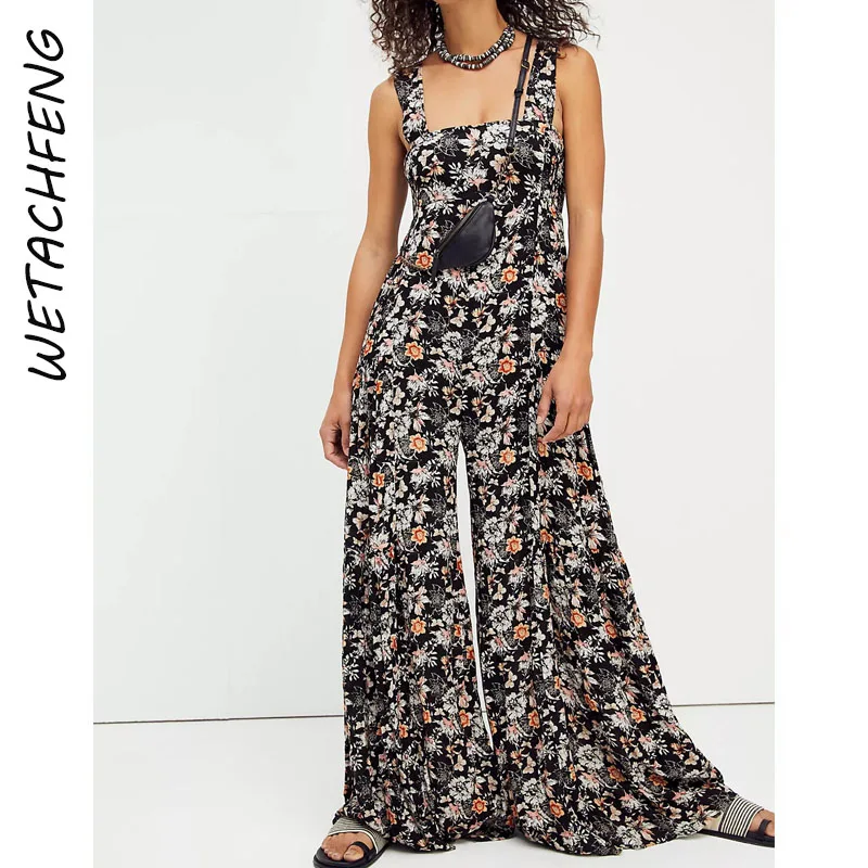 

Elegant Vintage Floral Print Overalls For Women Summer Sleeveless Long Wide Leg Pants Jumpsuits Beach Boho Outfits Rompers Cloth