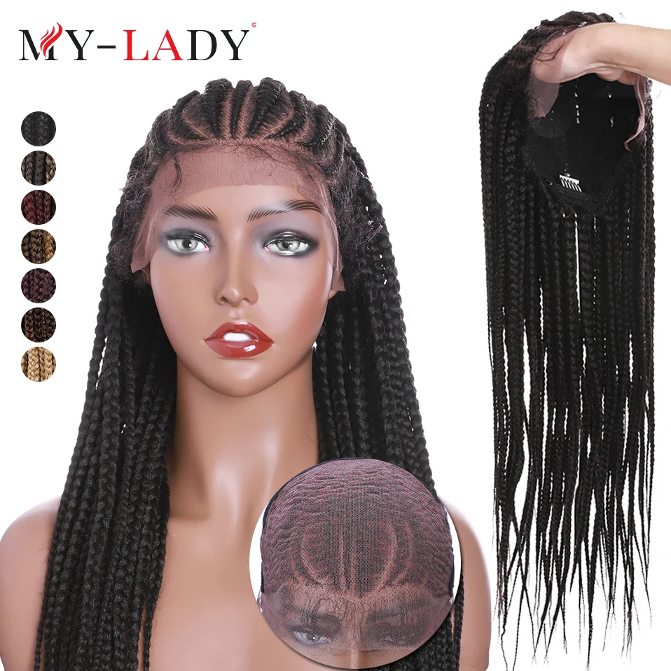 My-Lady Synthetic 27inches Box Braids Black With Baby Hair For African Woman Long Straight Braiding Lace Front Frontal Wig