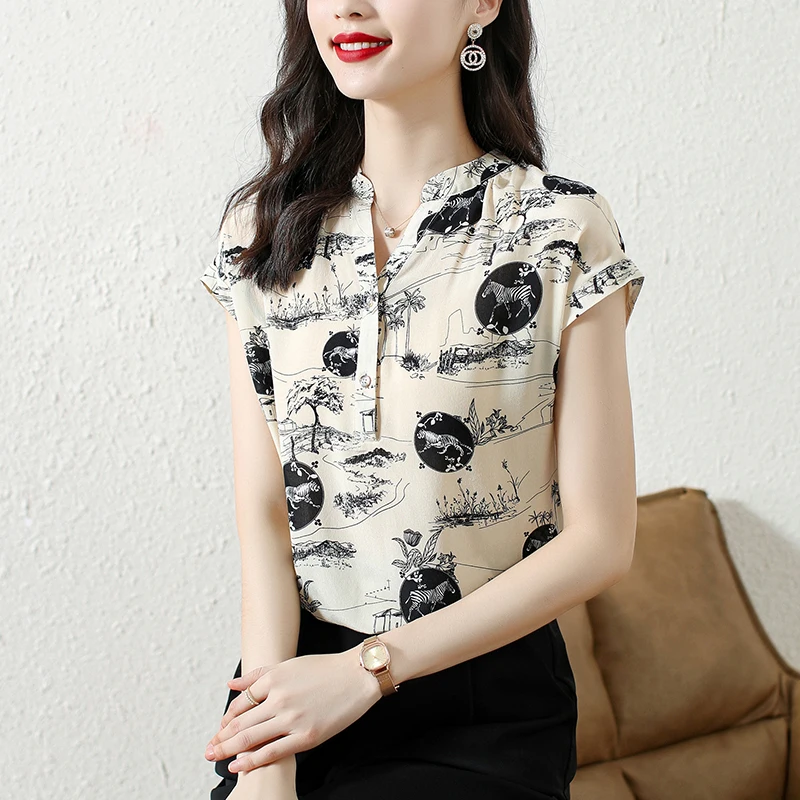 

Satin Slim Fit Women's Blouse Printing Casual Shirt Summer Short Sleeve Top 2022 New Fashion Female Korean Style Clothing