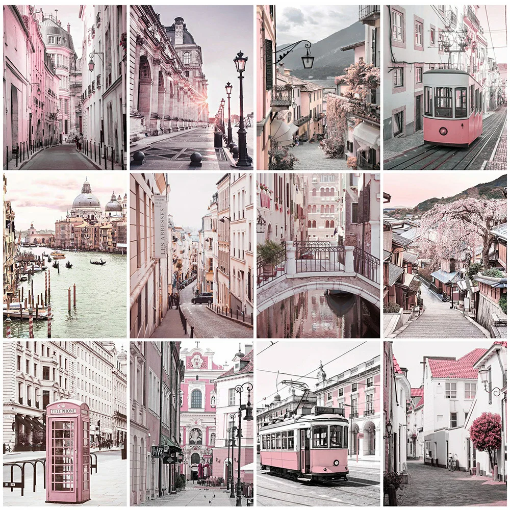 

HUACAN Diamond Painting Landscape Pictures Rhinestone Diamond Embroidery City Street Full Diamond Mosaic Pink Decor For Home