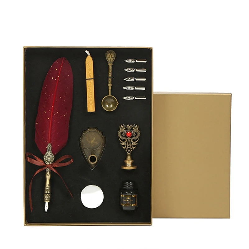 

Feather Calligraphy Pen Ink Set Vintage Quill Dip Pen Writing Ink Nibs Kit With Seal Stamp Wax Seal Sticks