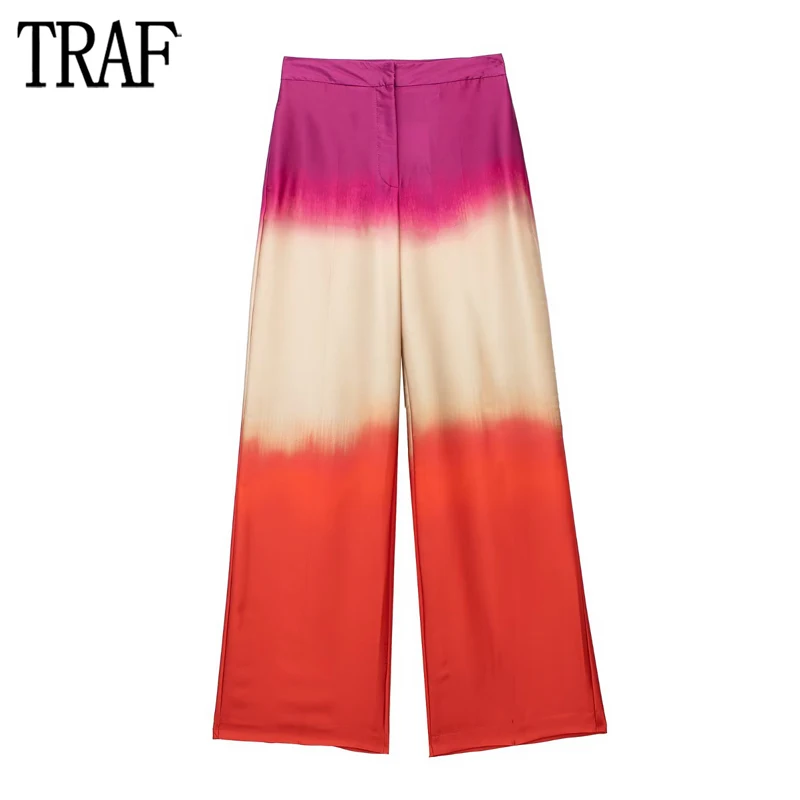 

TRAF Tie Dye Baggy Pants Woman Print Wide Leg Pants for Women Pleated High Waist Trousers Women Summer 2023 Satin Pants Women