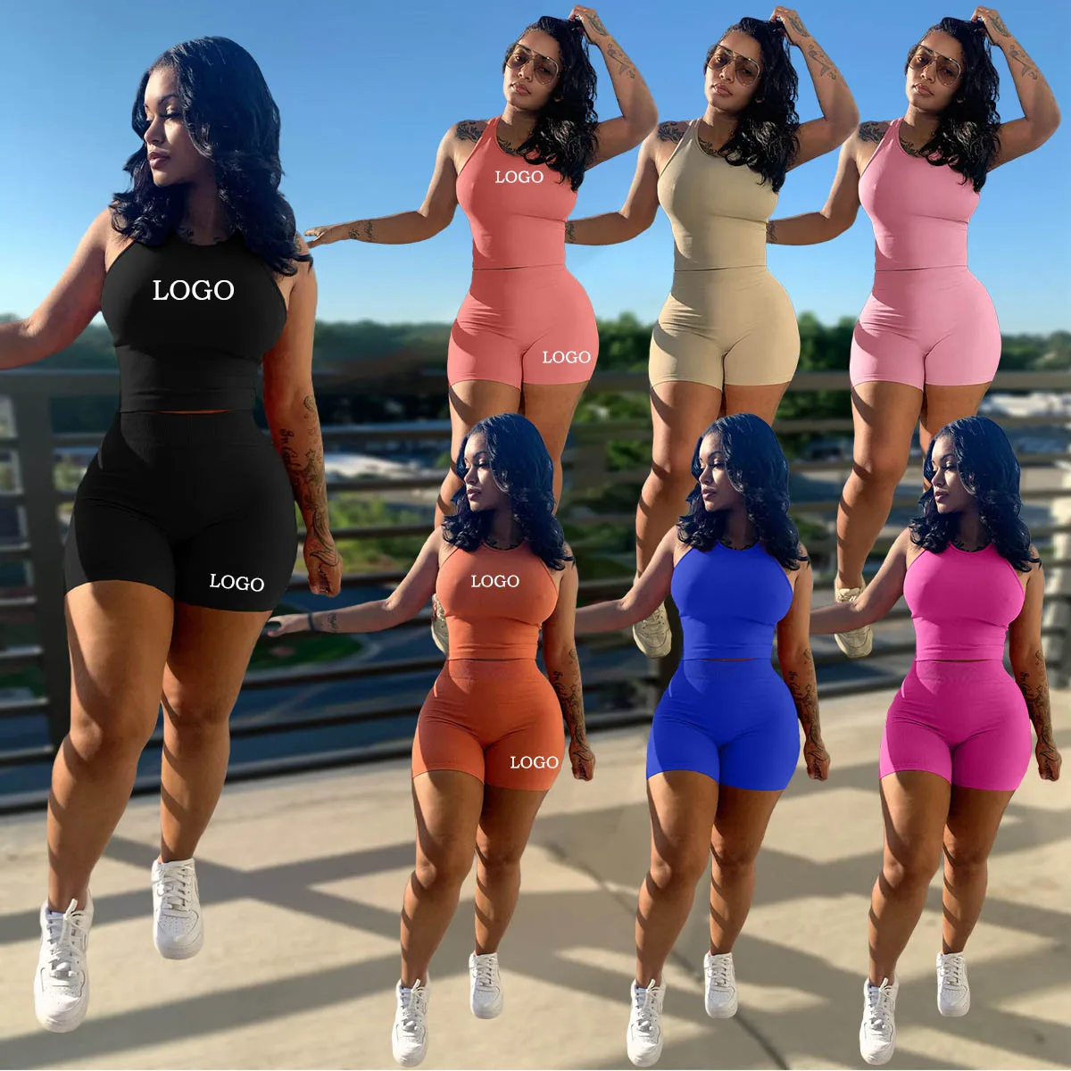 Летний модный женский комплект из двух полосок с логотипом на заказ для отдыха