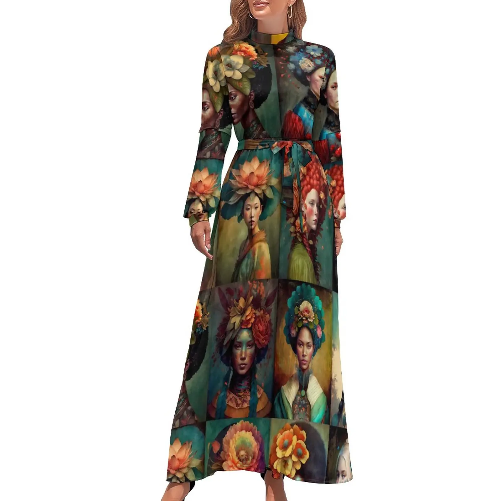 

Женское платье с высокой талией, длинное пляжное платье с цветочным принтом, длинным рукавом, в стиле бохо