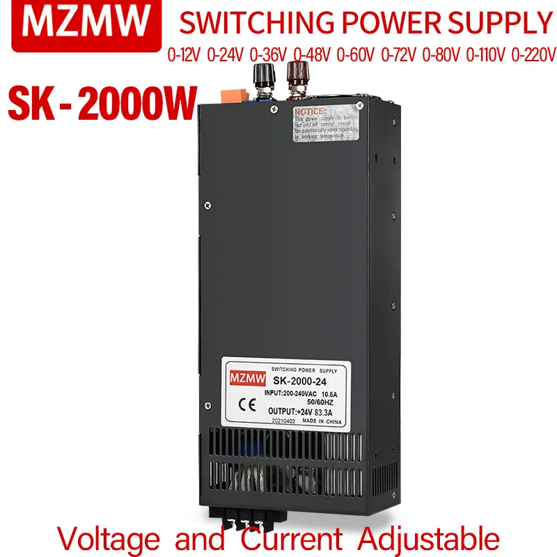 

MZMW SK2000 2000W Switching Power Supply 0-12V 24V 36V 48V 60V 80V 110V 220V AC/DC Adjustable Voltage Current High Power SMPS
