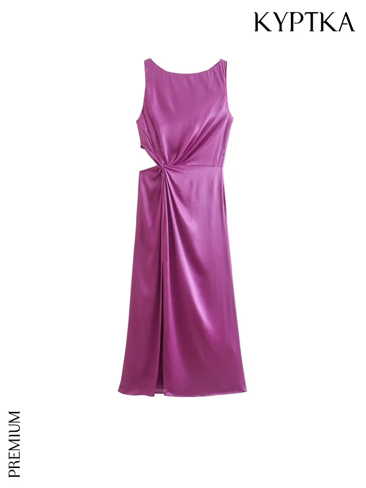 

KYPTKA Women Fashion With Knot Cut Out Front Slit Satin Midi Dress Vintage Back Zipper Sleeveless Female Dresses Vestidos