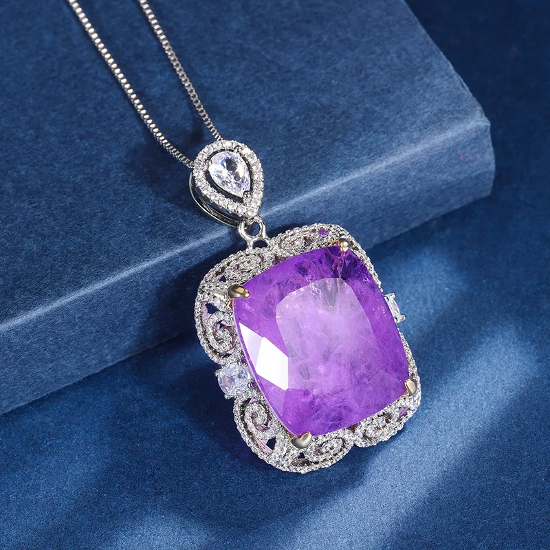 

QTT Charms Vintage Luxury 20*23 Amethyst Pendant Necklace White Gold Plated Sweater Necklace Choker Chain Trendy Jewelry