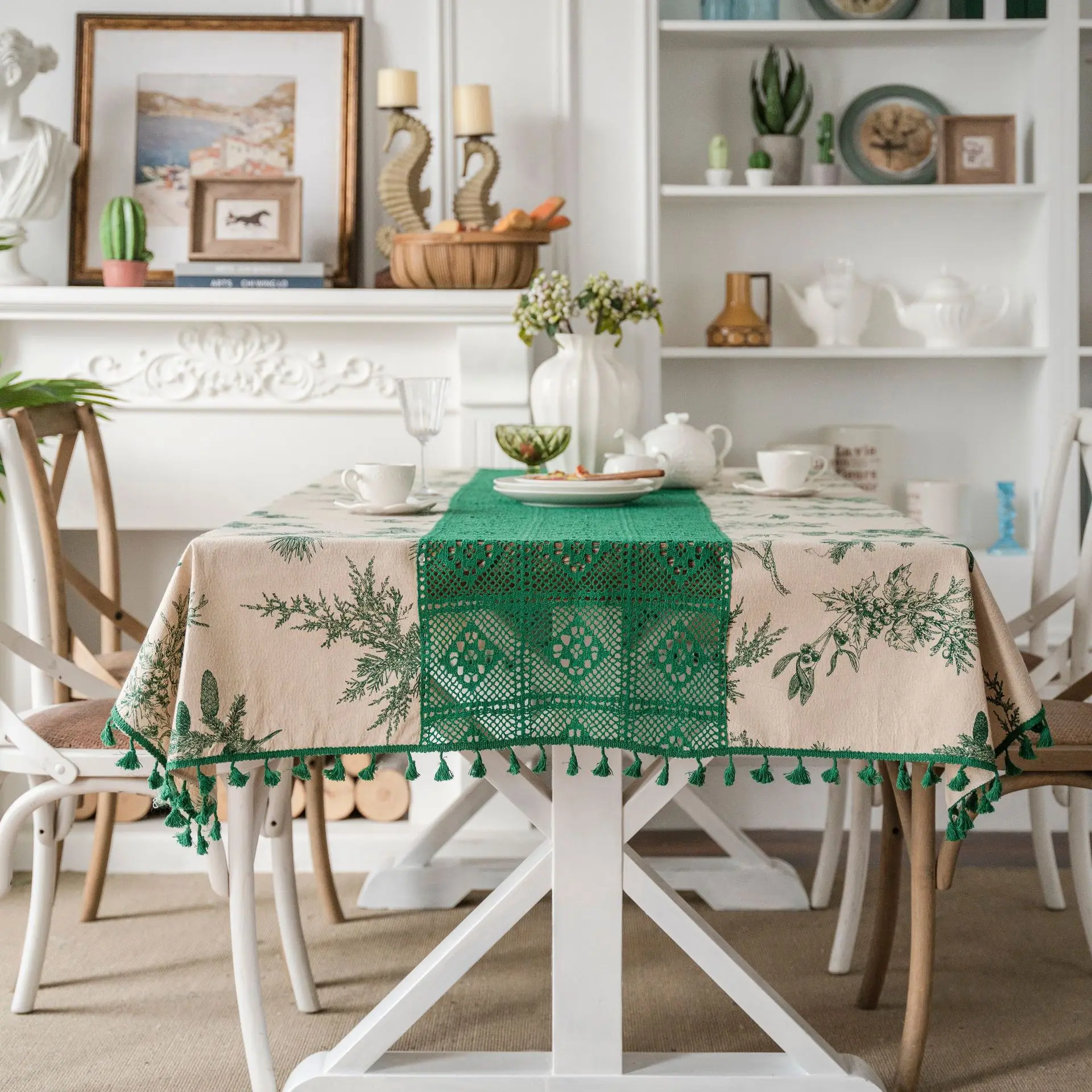 

Green Pine Tablecloth Stitching Tassel Table Cloth Tablecloths Cotton Linens Wrinkle Free Anti-Fading Cover Rectangle Decoration