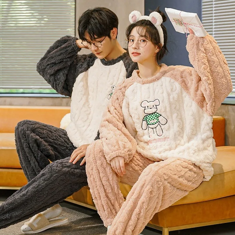 QUHENG 2022 Flannel Men Pajamas for Suit Women Autumn Winter Long Sleeved Thick Warm Sleepwear Couple Casual Home  Clothing