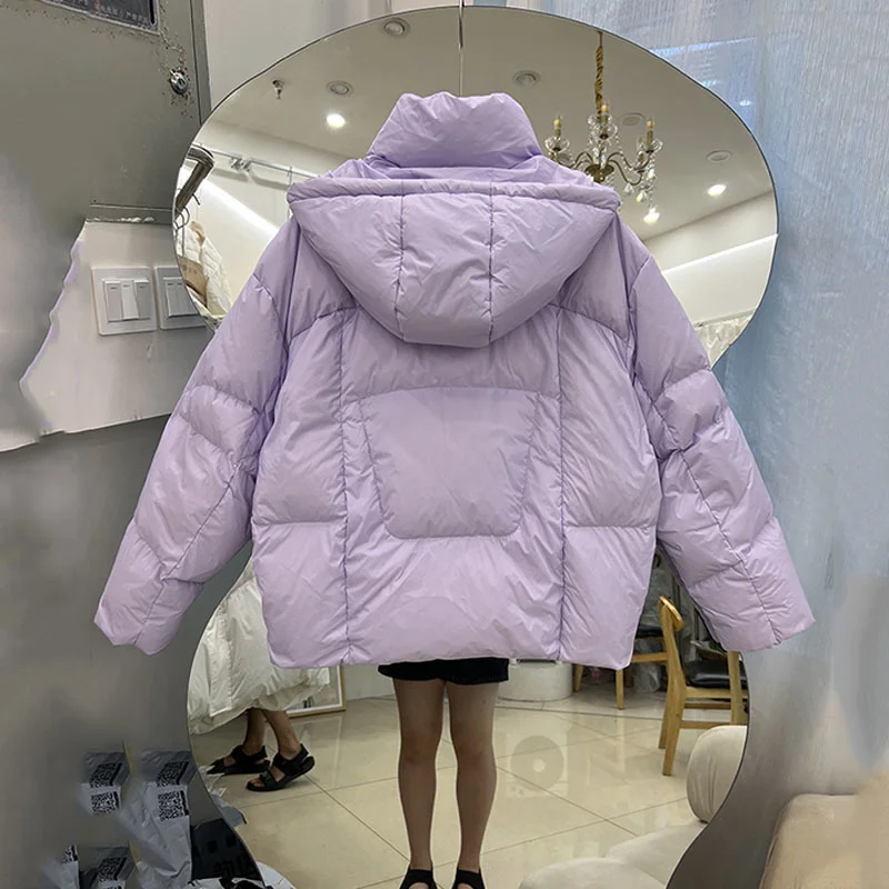 Women New 2023 Winter White Duck Down Coat Casual Big Pocket Stand Collar Hooded Casacos De Inverno Feminino Warm Puffer Jacket