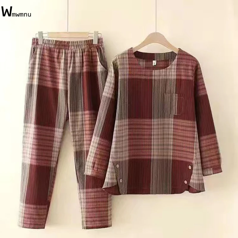 

Plaid Plus Size 4XL Elegant Outfits Women 2 Piece Set Mom Design Chic Cozy Tops+Ankle-Length Casual Loose Straight Leg Pant Suit