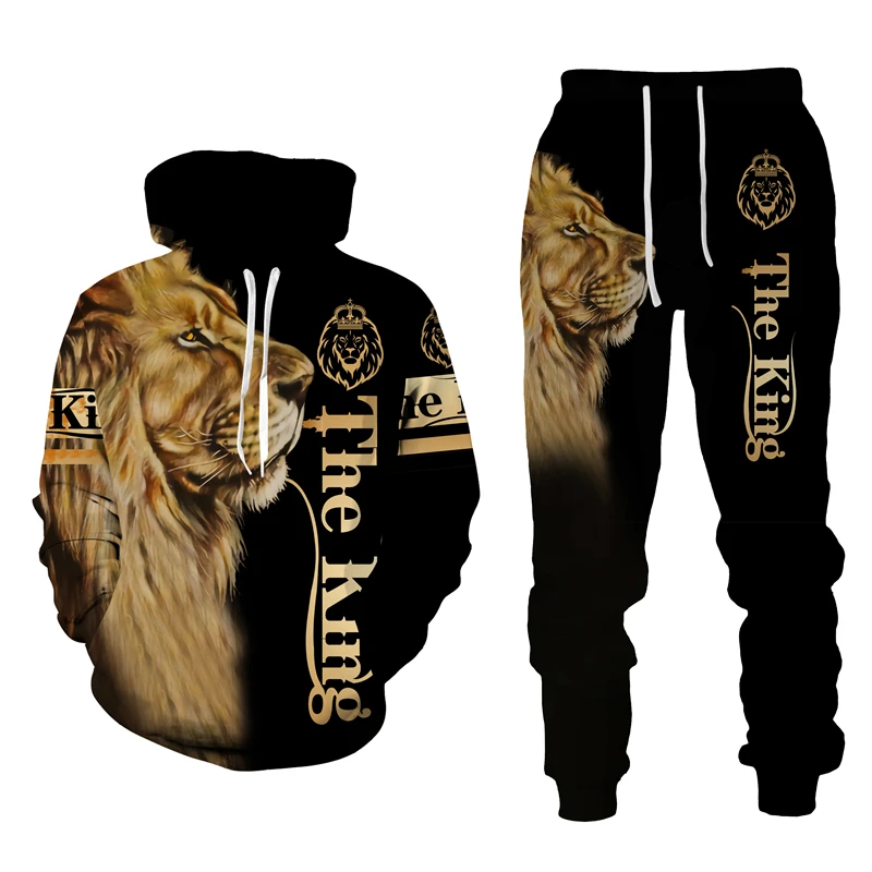 

The King 3d Printed Hoodie Pants Sets Autumn Winter Casual Sweashirt Pullover Lion Men's Tracksuits Set Fashion Men's Clothing