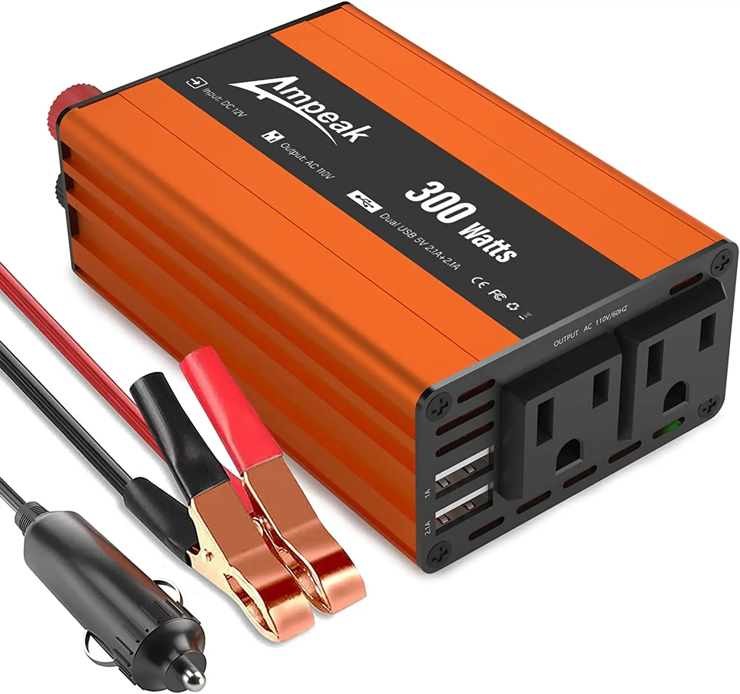 

Автомобильный инвертор напряжения, 300 Вт, от 12 В до 110 В, с зарядным портом А и 2usb, автомобильный инвертор с 2 розетками переменного тока, серти...