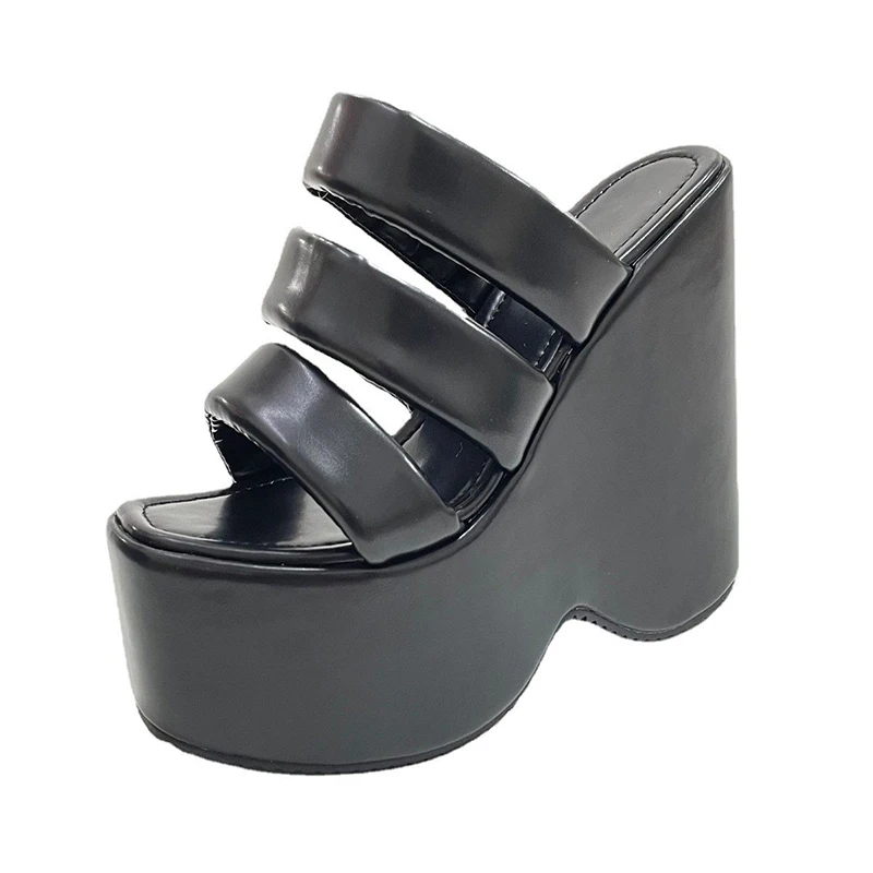 ZOOKERLIN Platform Wedges Black PU Leather Women's Slippers Summer Hollow 14CM High Heels Size 35-42 Slip On Slides Ladies Shoes