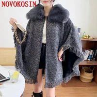 6 colors 2022 grey poncho winter warm long cape loose thick velvet cloak women faux fox fur neck tassel shawl streetwear coat