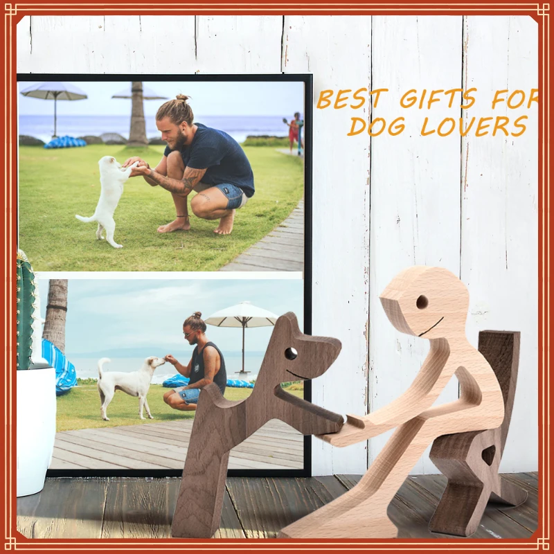 

New in Wood Dog Decor Sculptures Craft Creative Figurine Ornement Decoration For Bedroom Home Office Decor Gift Natural christm