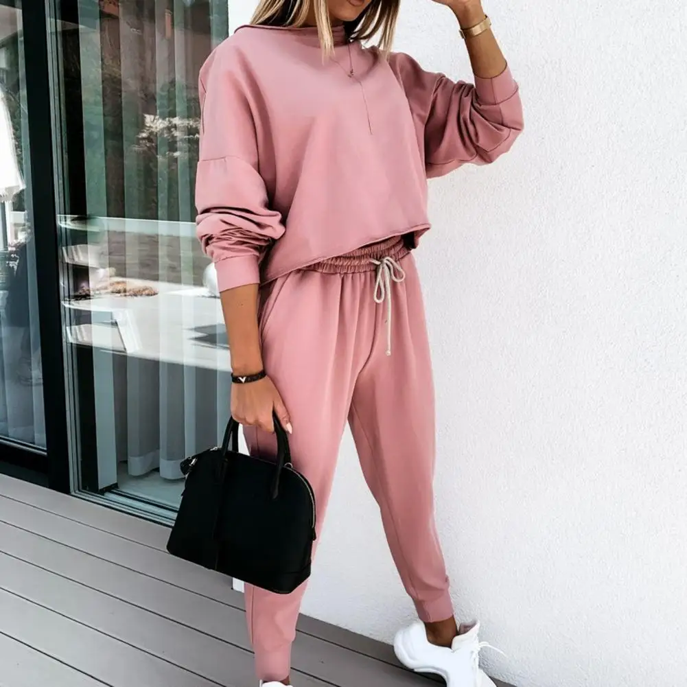 

2 Pcs/Set Women Sweatshirt Pants Set Solid Color Easy to Match Simple Casual O Neck Loose Drawstring Long Sleeves Elastic Waist