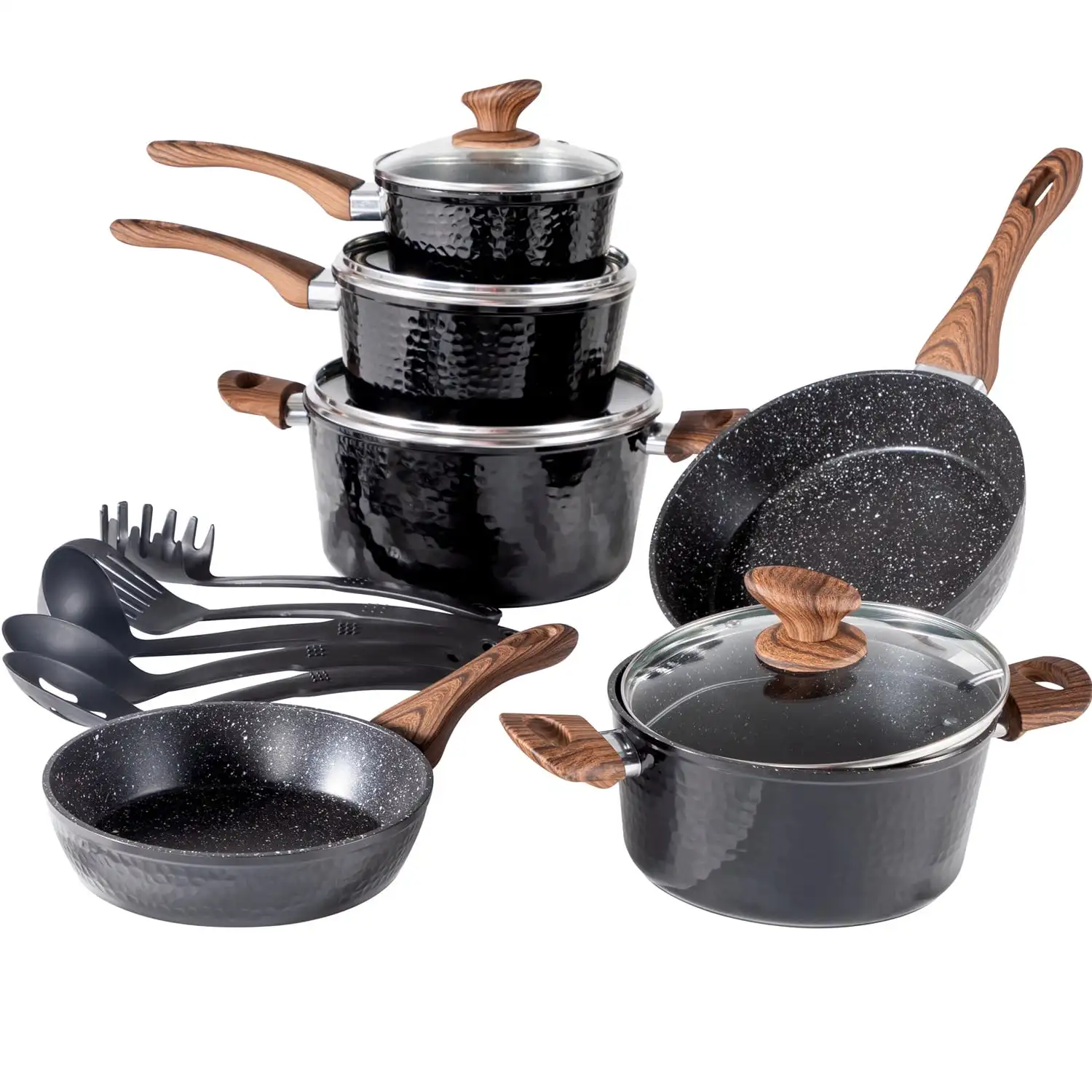 

MF Studio 15 Pieces Cookware Set Granite Nonstick Pots and Pans Dishwasher Safe Black