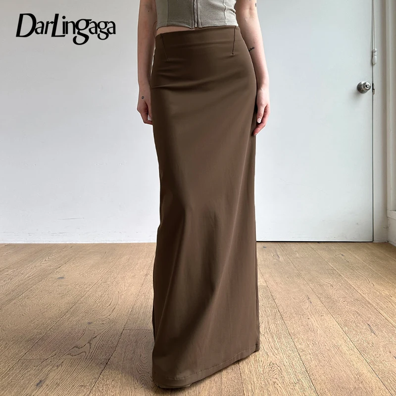 

Darlingaga Casual Elegant Retro Solid Long Skirt Korean Fashion Split Summer Chic Women Skirts High Waisted Brown Clothes Bottom