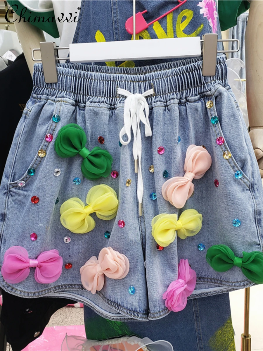 

Summer 2022 New Versatile Elastic High Waist Loose Wide Pants Female Three-Dimensional Bow Sequins Denim Shorts for Ladies