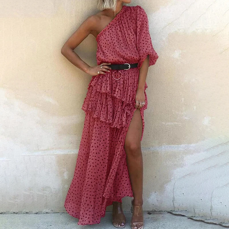 

Женское длинное платье-трапеция с высокой талией и рукавами-фонариками, платье на одно плечо с открытой спиной и оборками, новинка 2021, женск...