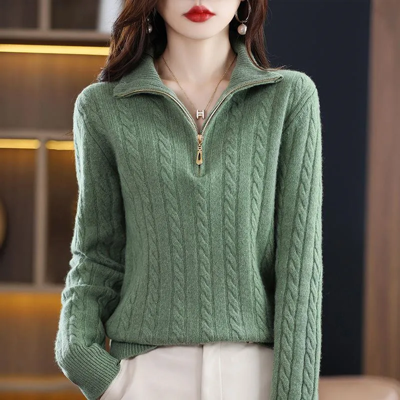 

2023 New Fashion Thick Women Stand-Up Collar Zipper Knitted Pullover Sweater Coat Autumn Winter Loose Knitwear Tops Ladies G2835
