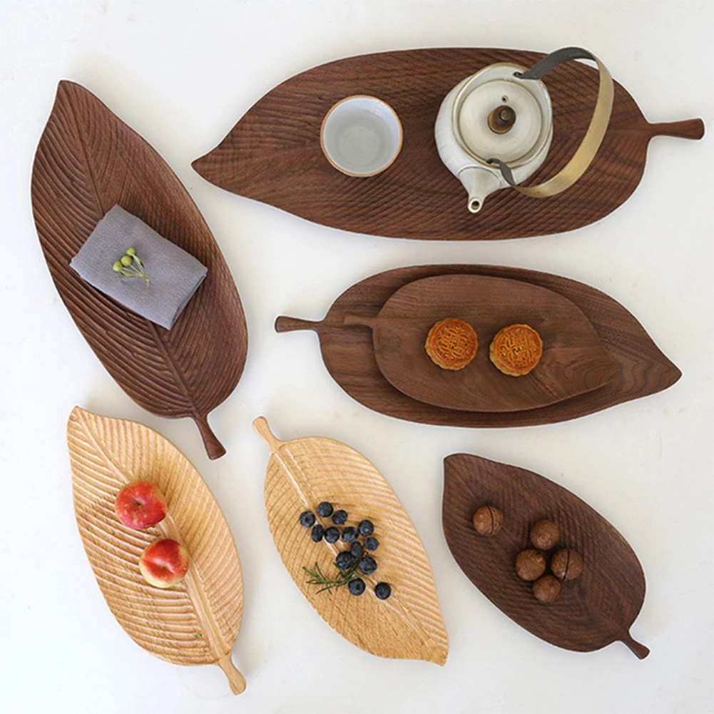 Nordic style leaf-shaped solid wood dessert plate decorative tray fruit tableware kitchen shelf |