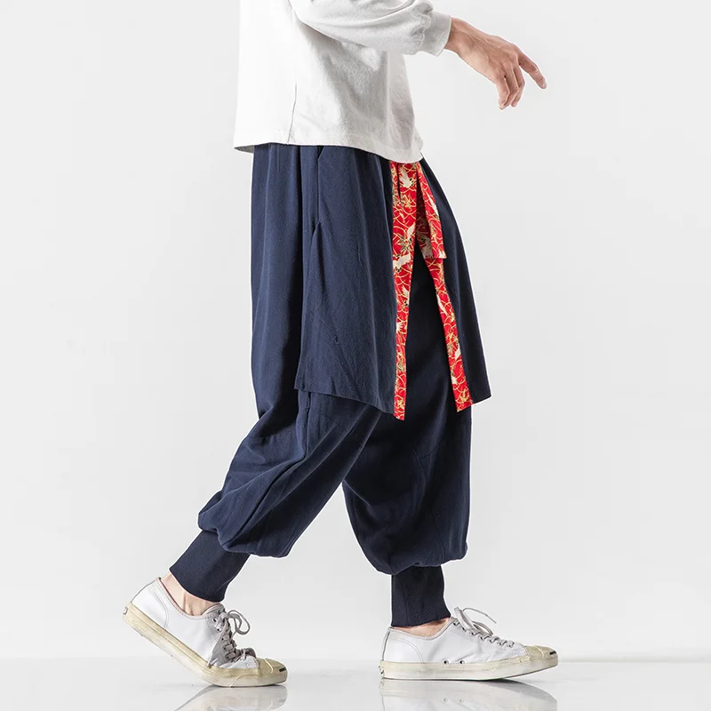 

MrGB Large Size Men's Chinese Style Crane Graphic Casual Pants Cotton Linen Harem Pants Vintage Elastic Waist Male Trousers