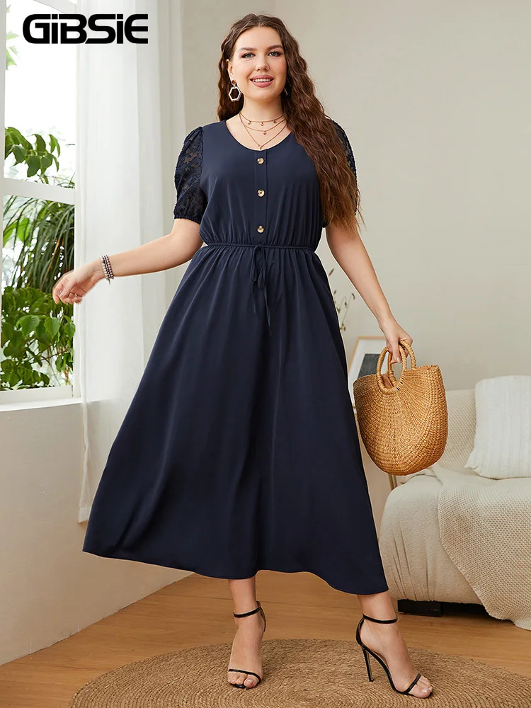 

GIBSIE Plus Size Solid Button Front Lace Puff Sleeve Dress Women Elegant Knot High Waist A-line Casual Summer Long Dresses 2022