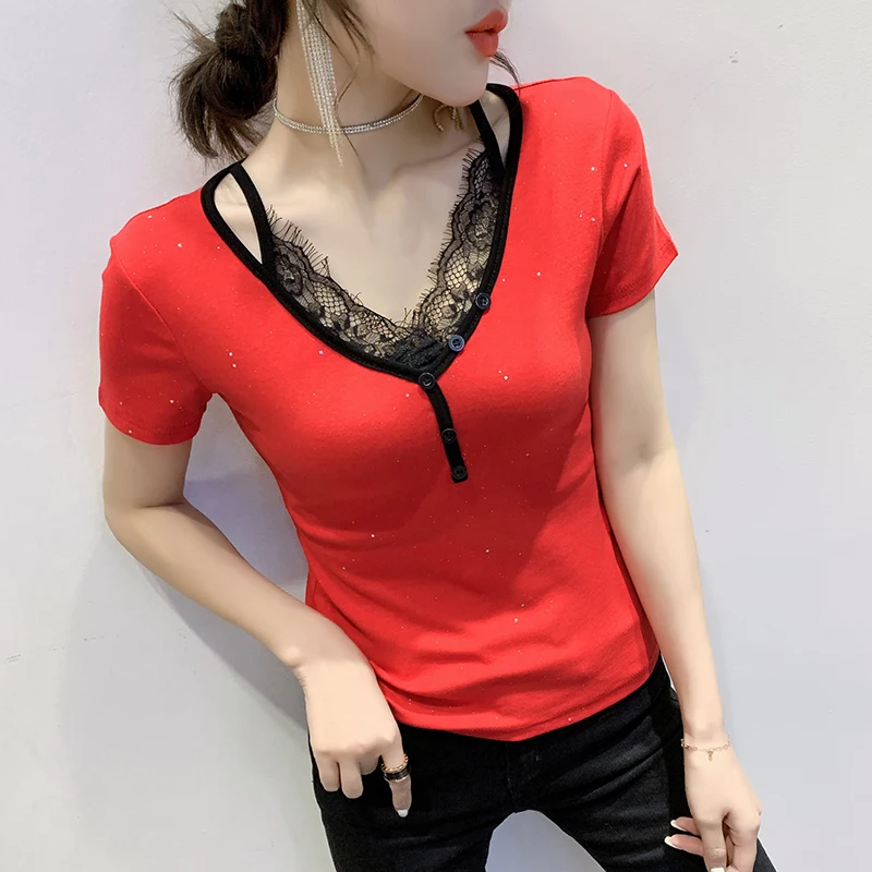 

Summer Women V-neck Lace Splicing Short Sleeve T-shirts Button Design Slim Fit Sequins Y2k Tops Female Large Size Cotton Tees